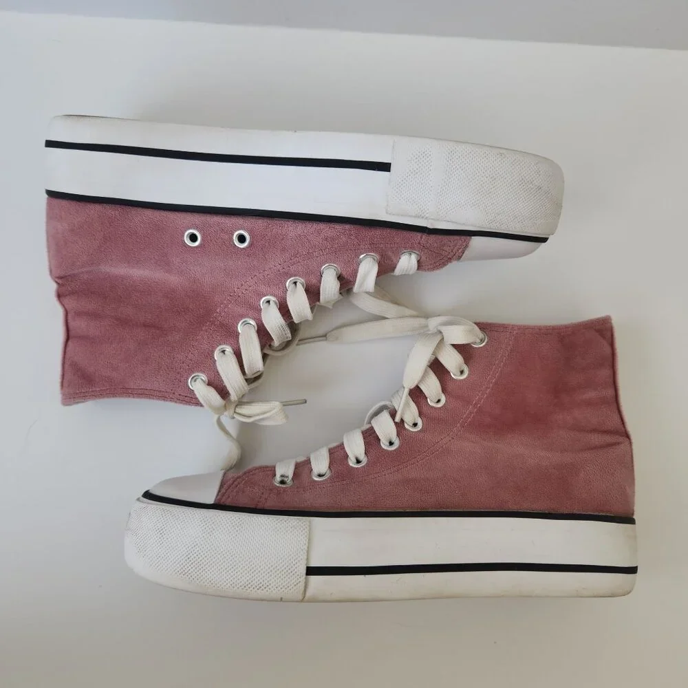 Dusty Pink Velvet Platform High Top Sneakers Chunky Summer Feminine Casual Cute - Picture 3 of 8